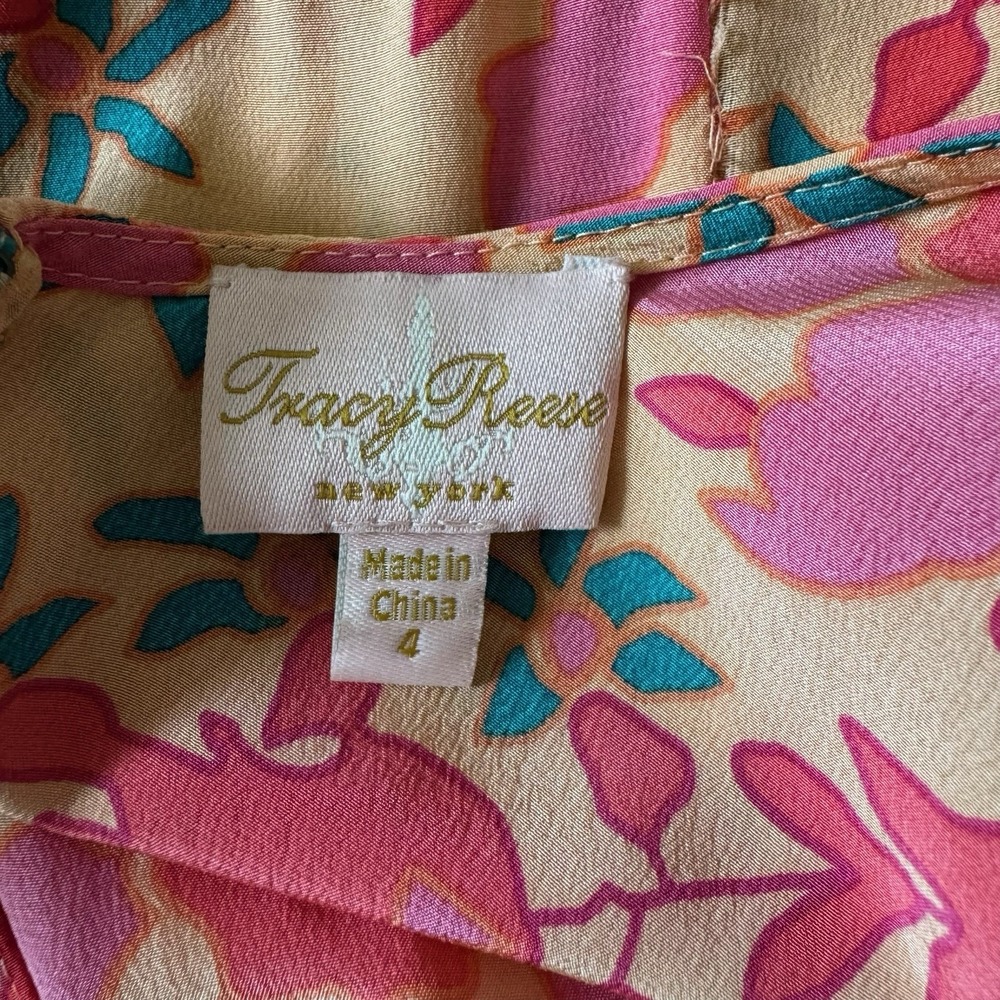 Tracy Reese 100% Silk Dress 4 Floral Y2K Smocked Orange Red Bright Open Back - Picture 7 of 14
